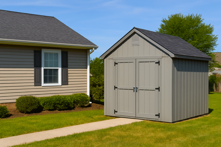 A house and a shed in the same frame showing color differences.