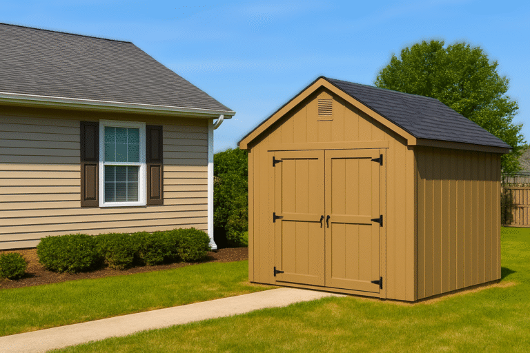 Shed with a different main color but matching trimroof that ties it to the house.